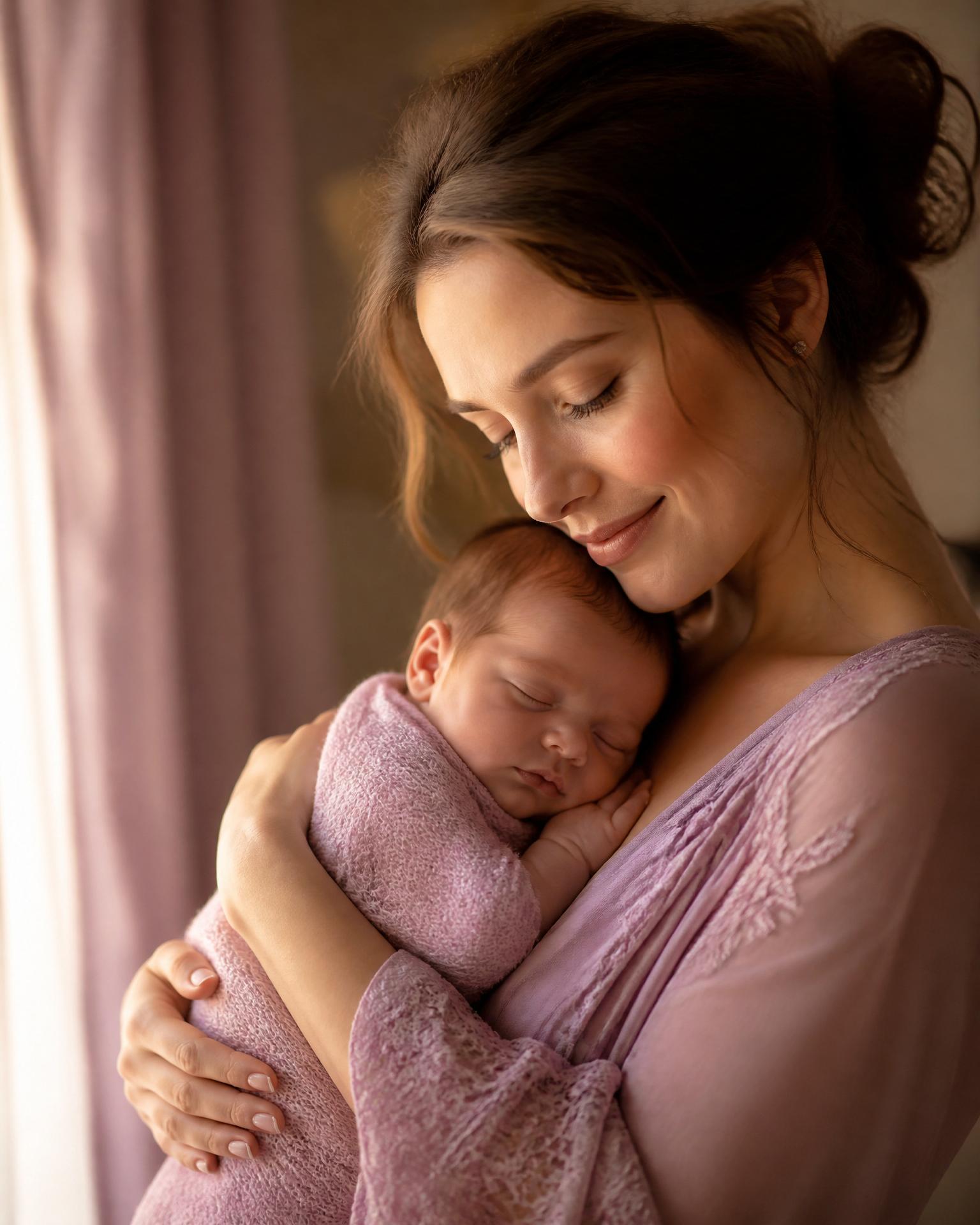 Mãe abraçando bebê recém-nascido dormindo